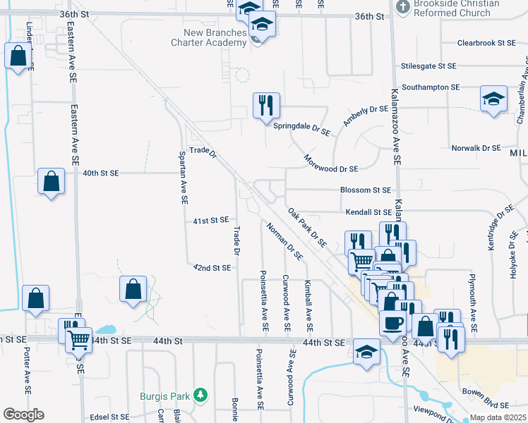 map of restaurants, bars, coffee shops, grocery stores, and more near 4095 Norman Drive Southeast in Grand Rapids