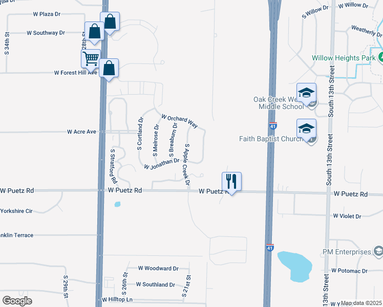 map of restaurants, bars, coffee shops, grocery stores, and more near 8560 South Apple Creek Drive in Oak Creek