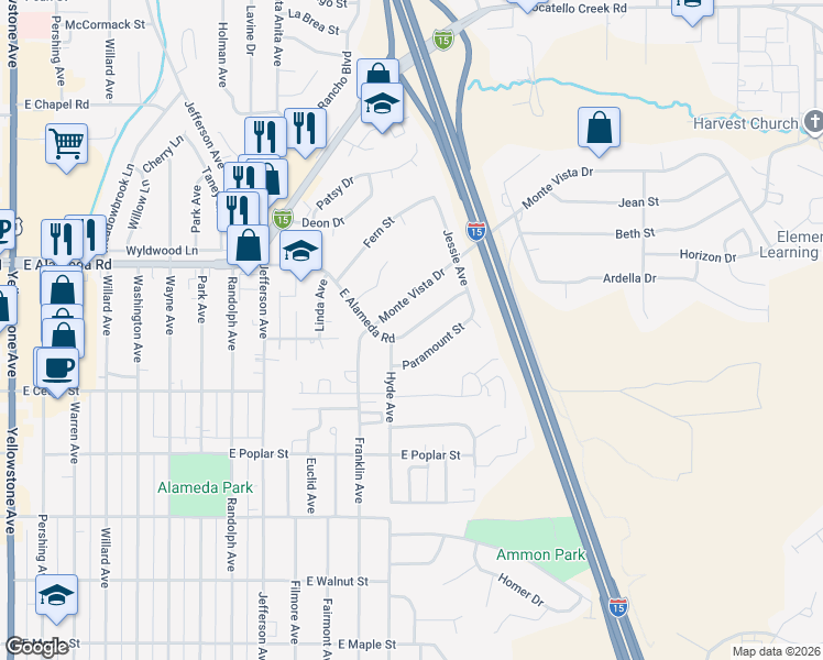 map of restaurants, bars, coffee shops, grocery stores, and more near 1323 Alameda Road in Pocatello