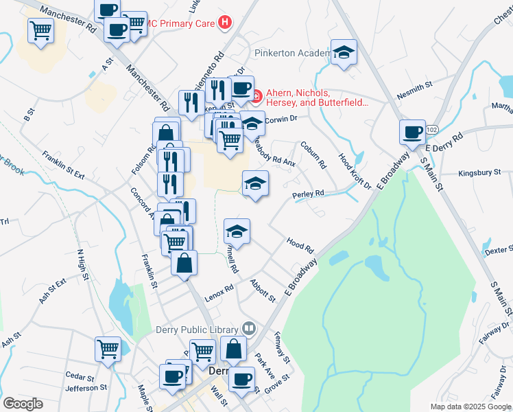 map of restaurants, bars, coffee shops, grocery stores, and more near 5 Hood Road in Derry