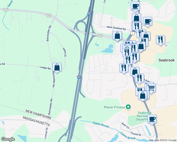 map of restaurants, bars, coffee shops, grocery stores, and more near 99 Lillian Avenue in Seabrook