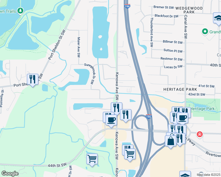 map of restaurants, bars, coffee shops, grocery stores, and more near 6624 Suncrest Avenue in Grandville