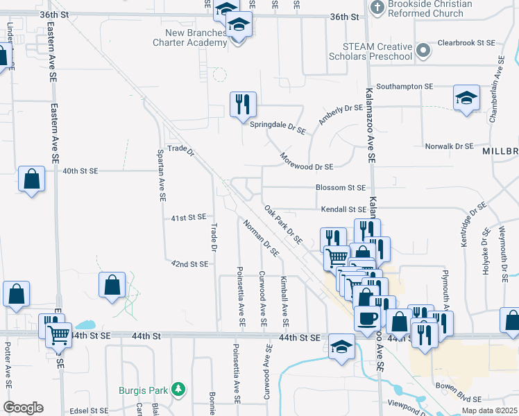 map of restaurants, bars, coffee shops, grocery stores, and more near 4101 Oak Park Drive Southeast in Grand Rapids