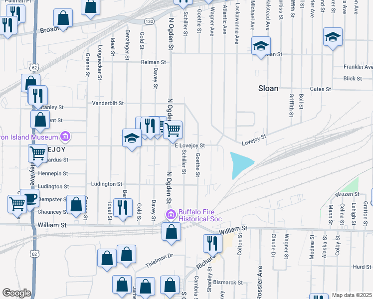 map of restaurants, bars, coffee shops, grocery stores, and more near 171 Schiller Street in Buffalo