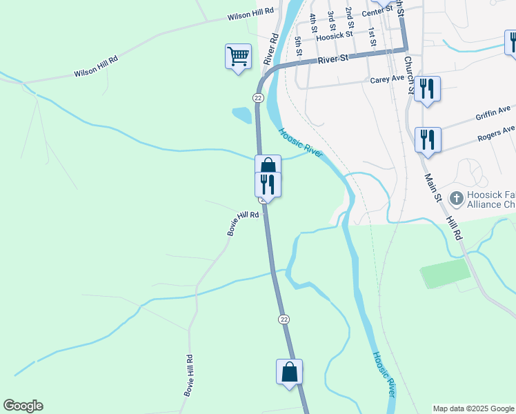 map of restaurants, bars, coffee shops, grocery stores, and more near 21419 New York 22 in Hoosick Falls