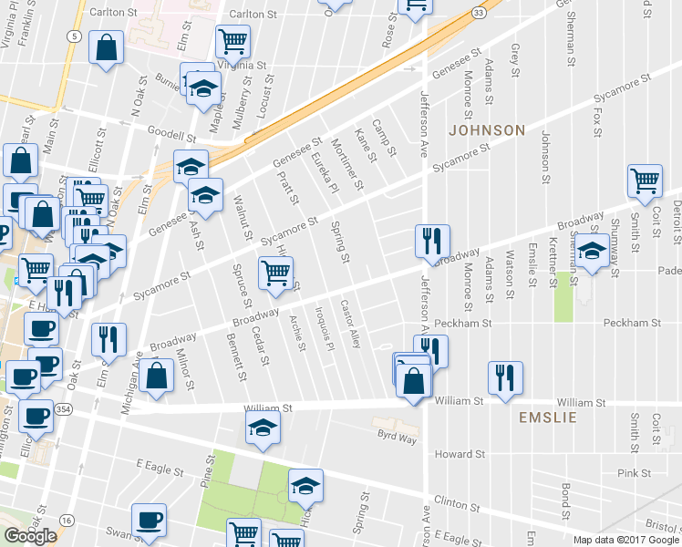 map of restaurants, bars, coffee shops, grocery stores, and more near 452 Spring Street in Buffalo