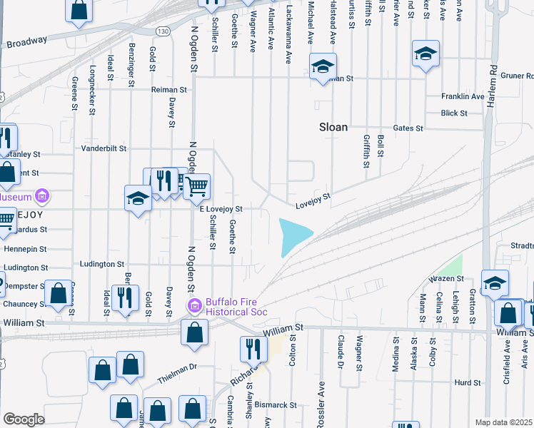 map of restaurants, bars, coffee shops, grocery stores, and more near 1359 East Lovejoy Street in Buffalo