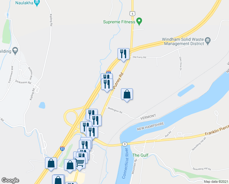 map of restaurants, bars, coffee shops, grocery stores, and more near 1309 Putney Road in Brattleboro