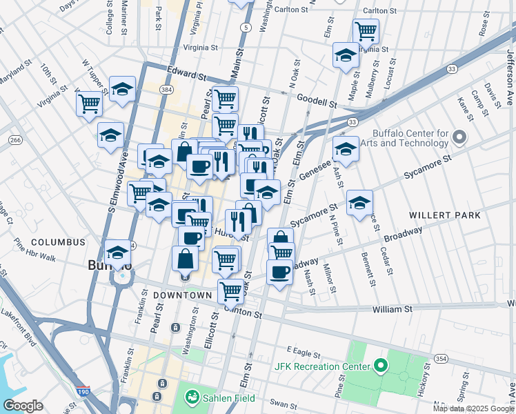 map of restaurants, bars, coffee shops, grocery stores, and more near 111 Genesee Street in Buffalo