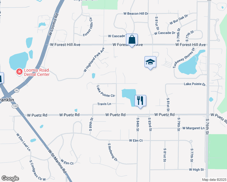 map of restaurants, bars, coffee shops, grocery stores, and more near 8529 Golden Lake Court in Franklin