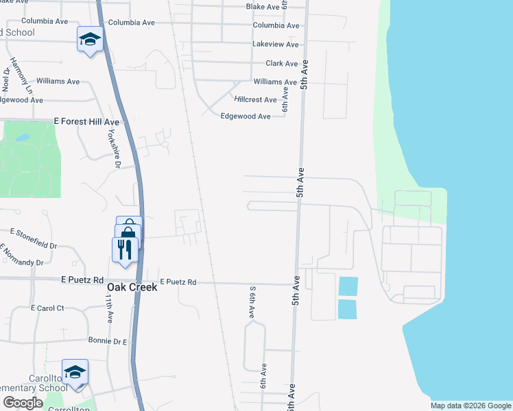 map of restaurants, bars, coffee shops, grocery stores, and more near 8481 5th Avenue in Oak Creek