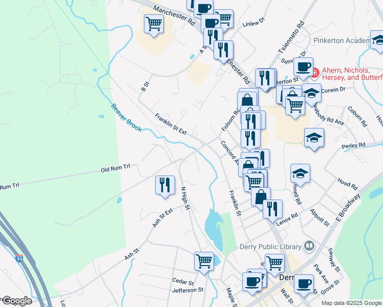 map of restaurants, bars, coffee shops, grocery stores, and more near 97 North High Street in Derry