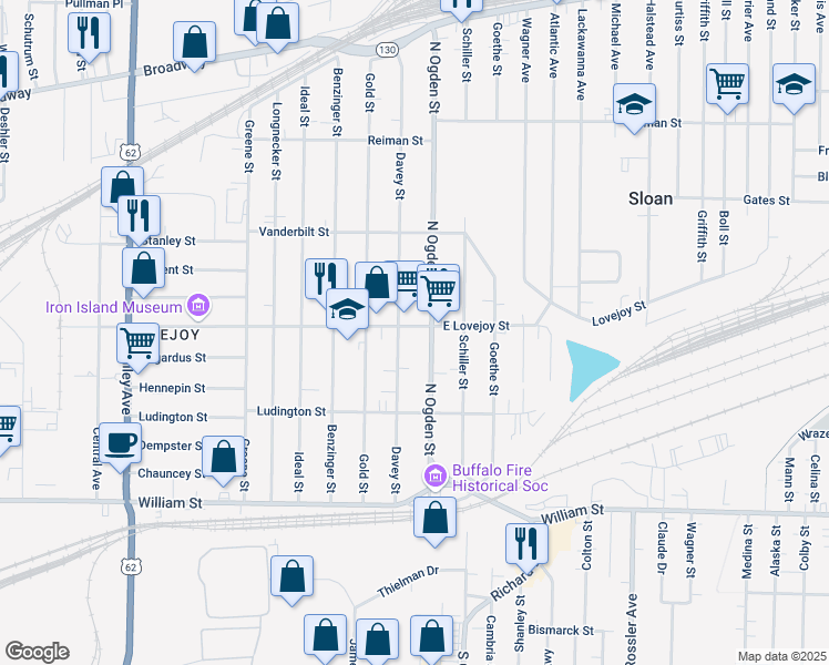 map of restaurants, bars, coffee shops, grocery stores, and more near 1219 East Lovejoy Street in Buffalo