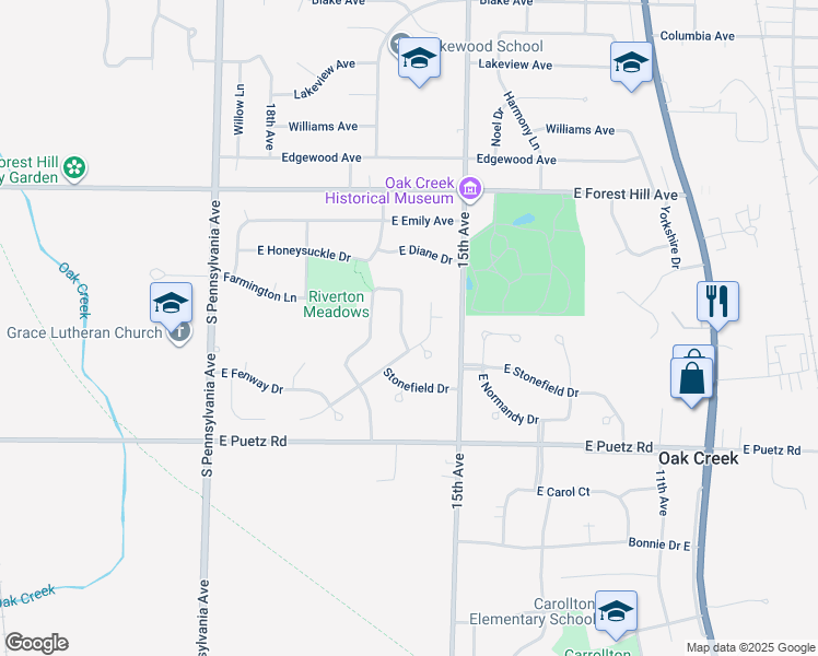 map of restaurants, bars, coffee shops, grocery stores, and more near 8510 South Woodvale Drive in Oak Creek
