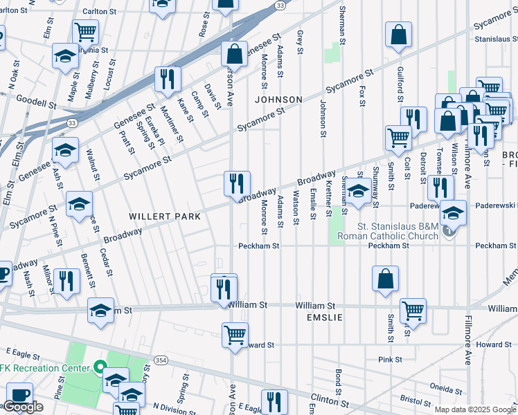 map of restaurants, bars, coffee shops, grocery stores, and more near 340 Monroe Street in Buffalo