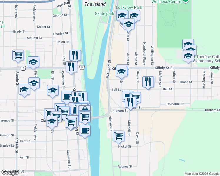 map of restaurants, bars, coffee shops, grocery stores, and more near 76 Bell Street in Port Colborne