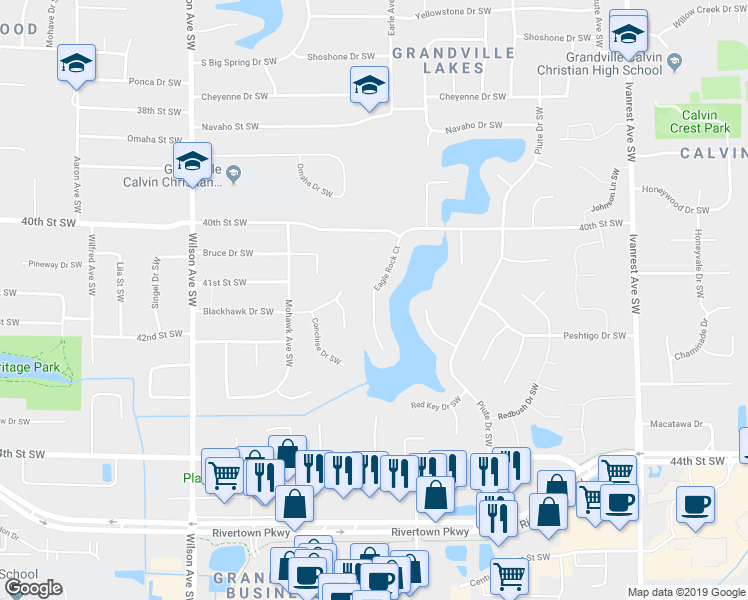 map of restaurants, bars, coffee shops, grocery stores, and more near 4144 Eagle Rock Court in Grandville