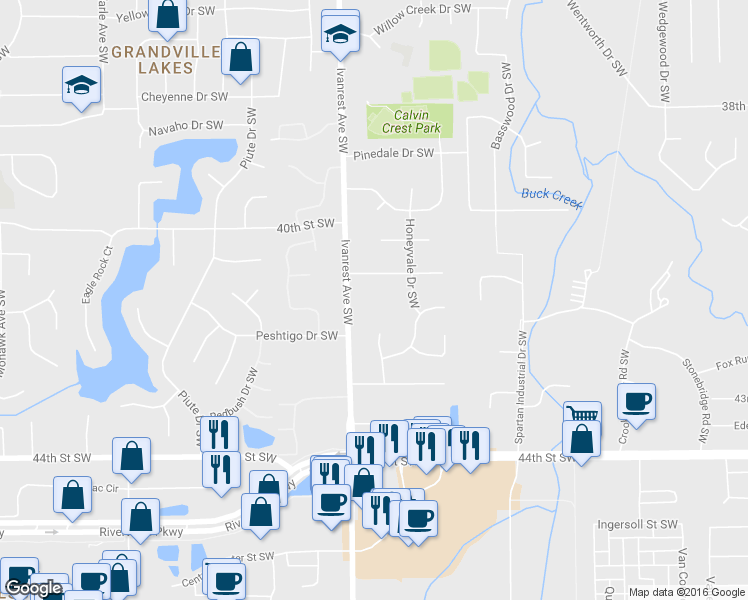 map of restaurants, bars, coffee shops, grocery stores, and more near 4124 Ivanrest Avenue Southwest in Grandville