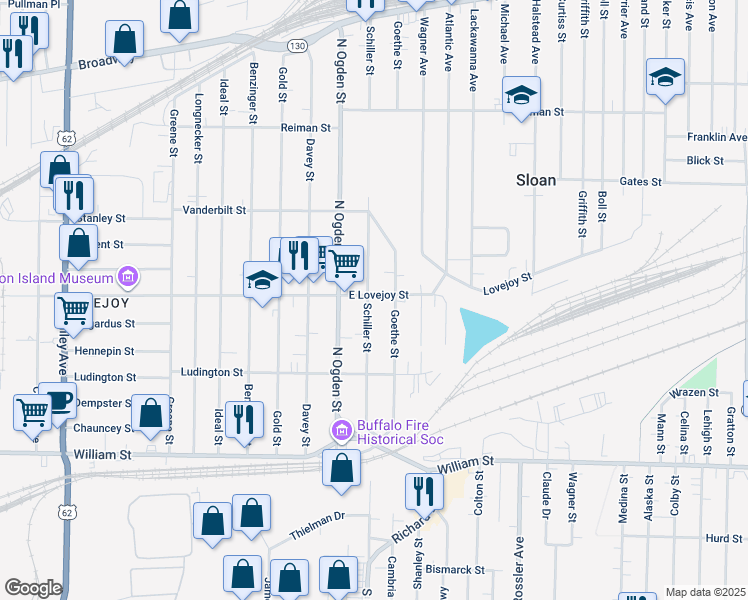 map of restaurants, bars, coffee shops, grocery stores, and more near 171 Schiller Street in Buffalo