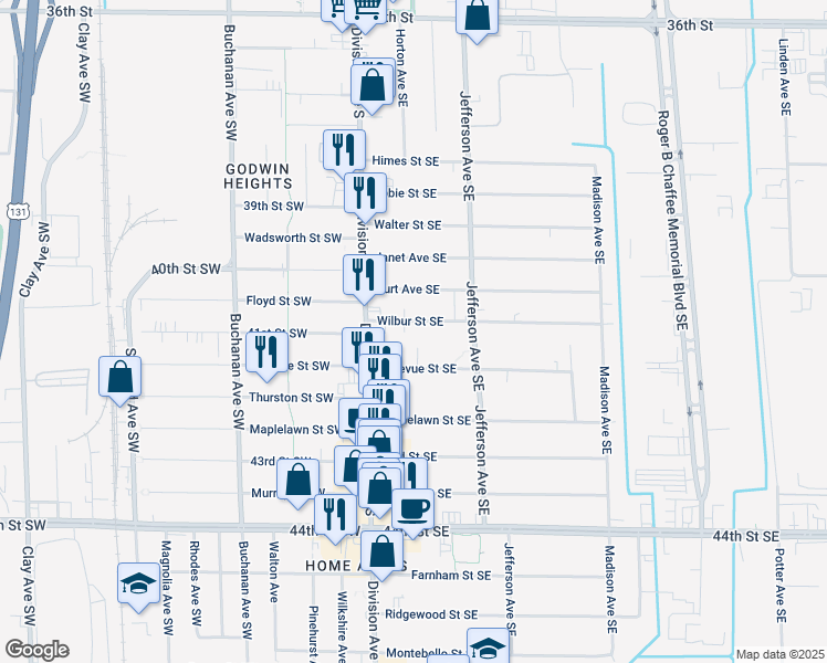 map of restaurants, bars, coffee shops, grocery stores, and more near 36 Wilbur Street Southeast in Grand Rapids