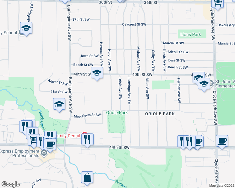 map of restaurants, bars, coffee shops, grocery stores, and more near 4119 Oriole Avenue Southwest in Wyoming
