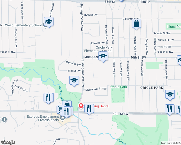 map of restaurants, bars, coffee shops, grocery stores, and more near 1544 41st Street Southwest in Wyoming