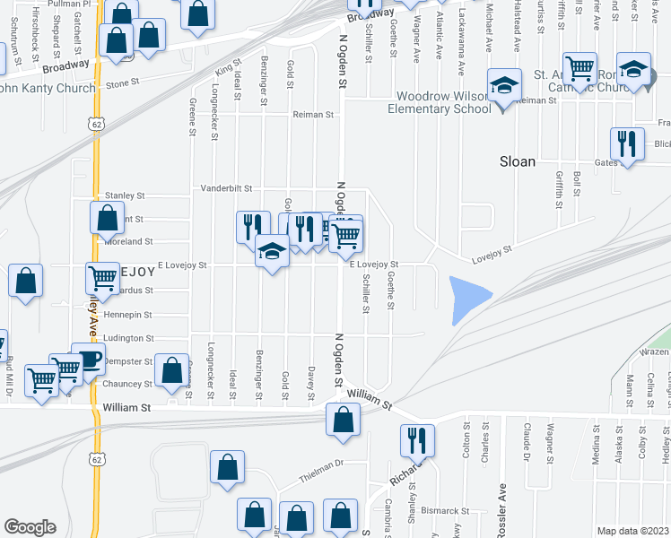 map of restaurants, bars, coffee shops, grocery stores, and more near 1225 East Lovejoy Street in Buffalo