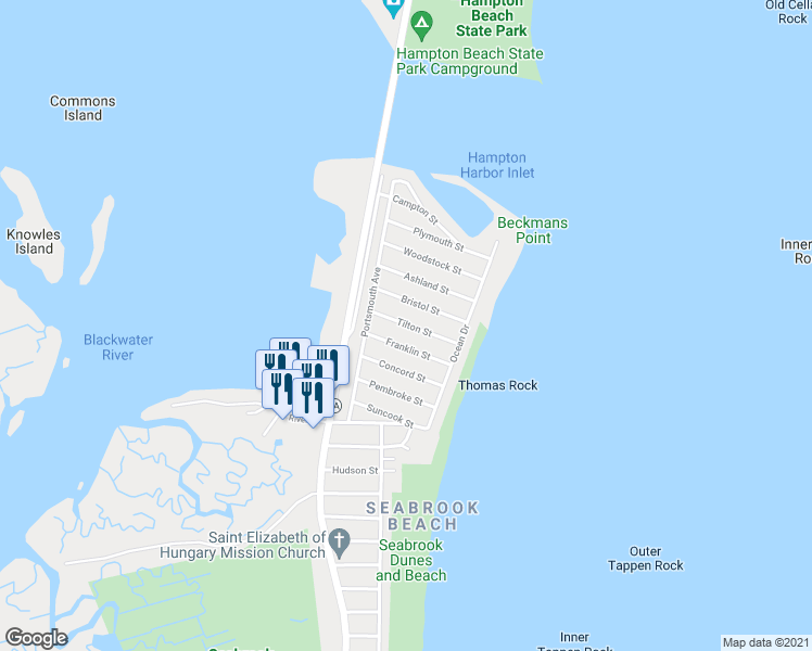 map of restaurants, bars, coffee shops, grocery stores, and more near 167 Tilton Street in Seabrook