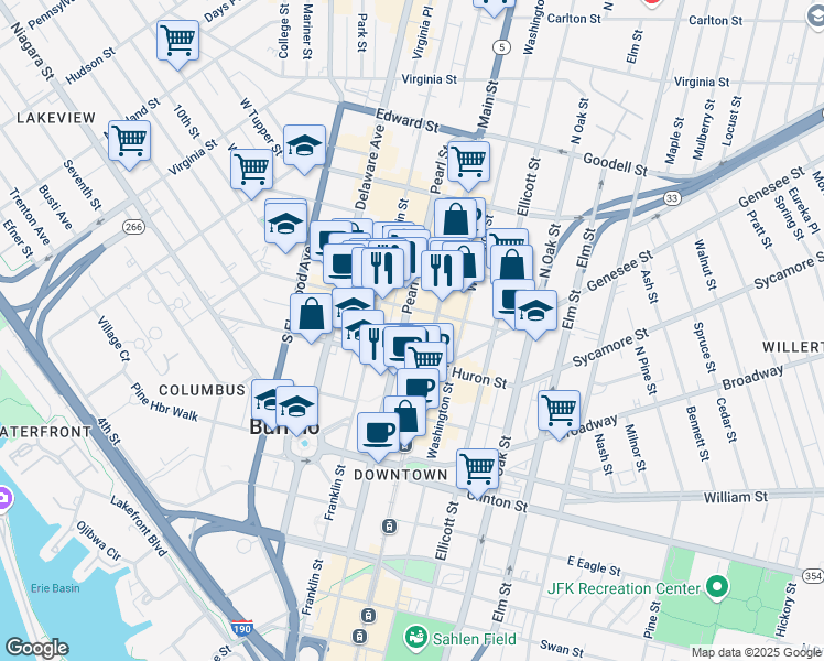 map of restaurants, bars, coffee shops, grocery stores, and more near 364 Pearl Street in Buffalo