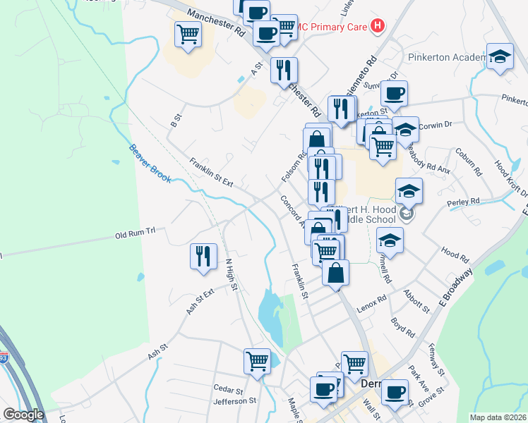 map of restaurants, bars, coffee shops, grocery stores, and more near 90 Franklin Street in Derry