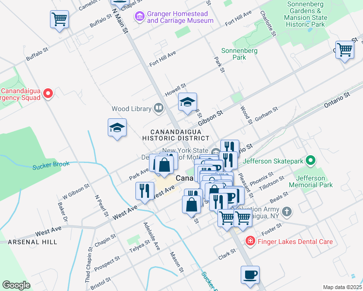 map of restaurants, bars, coffee shops, grocery stores, and more near 58 N Main St in Canandaigua