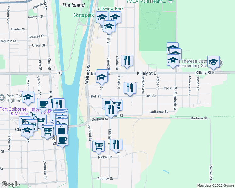map of restaurants, bars, coffee shops, grocery stores, and more near 180 Bell Street in Port Colborne