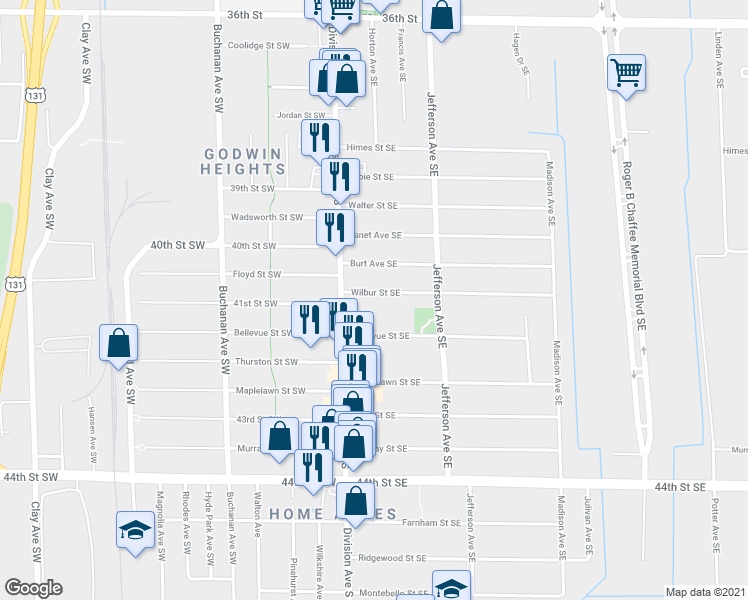 map of restaurants, bars, coffee shops, grocery stores, and more near 36 Wilbur Street Southeast in Grand Rapids