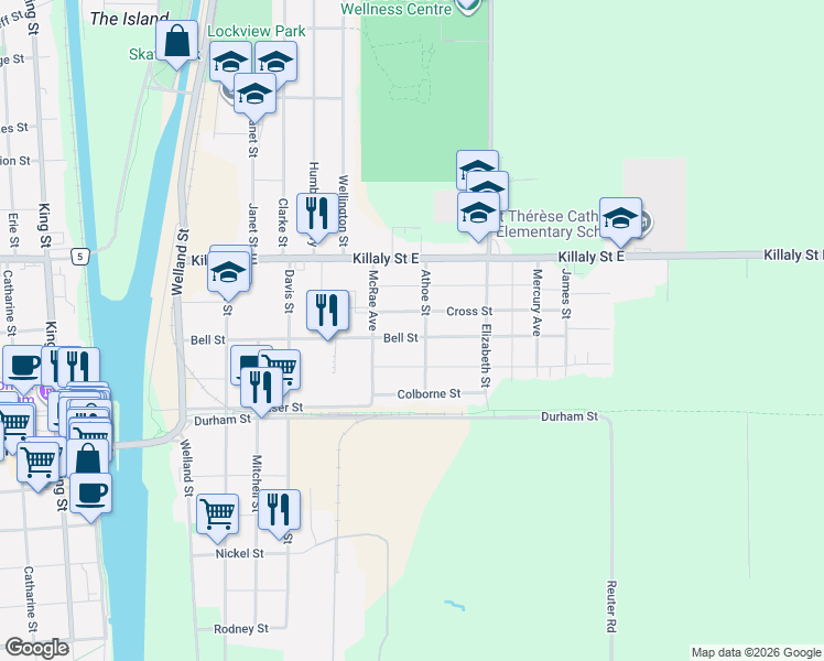map of restaurants, bars, coffee shops, grocery stores, and more near 314 Bell Street in Port Colborne