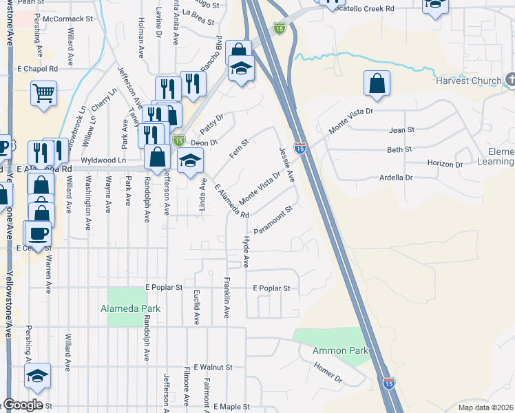 map of restaurants, bars, coffee shops, grocery stores, and more near 1318 East Alameda Road in Pocatello