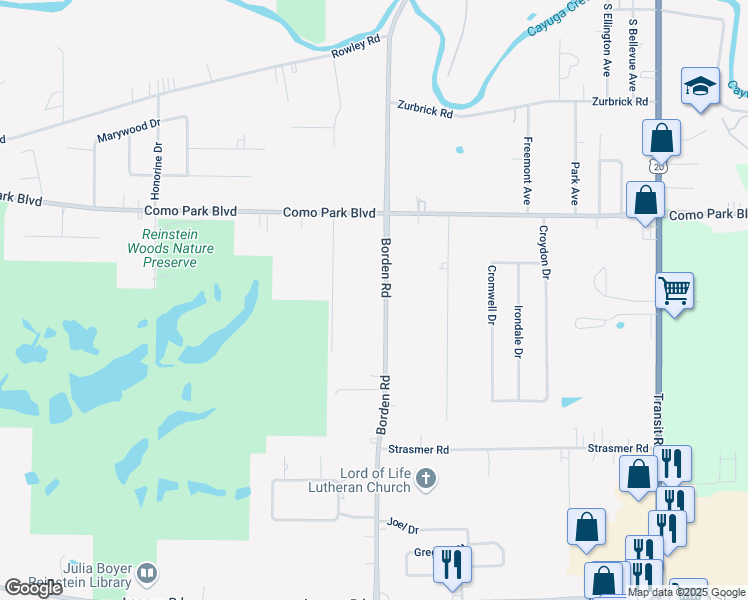 map of restaurants, bars, coffee shops, grocery stores, and more near 1276 Borden Road in Depew