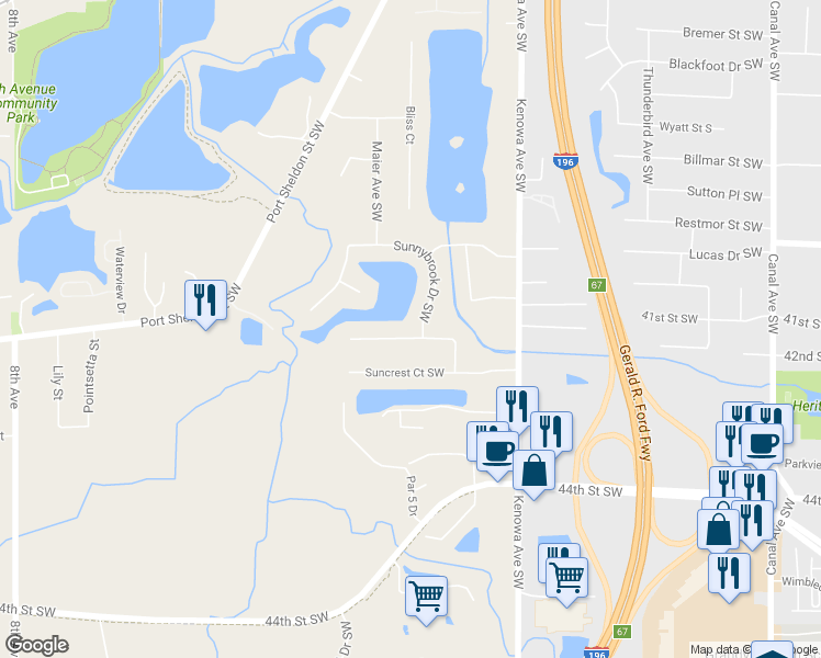 map of restaurants, bars, coffee shops, grocery stores, and more near 10 Sunnybrook Drive Southwest in Grandville
