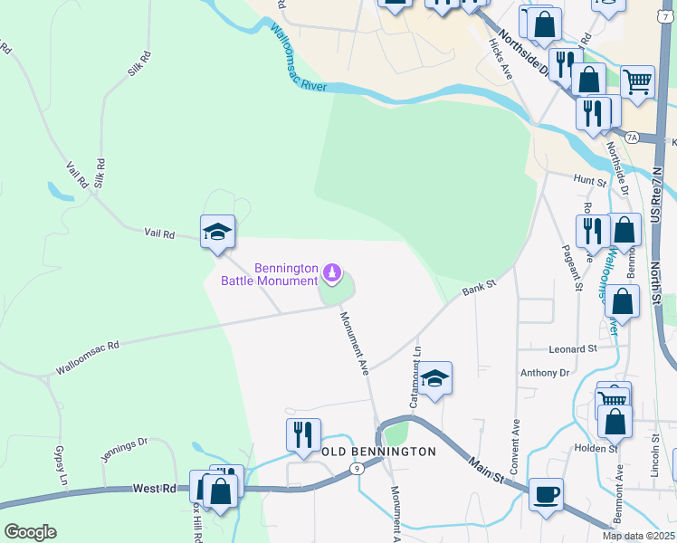 map of restaurants, bars, coffee shops, grocery stores, and more near Monument Circle in Bennington