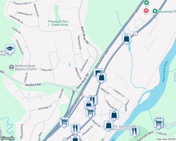 map of restaurants, bars, coffee shops, grocery stores, and more near 20 Back River Road in Merrimack