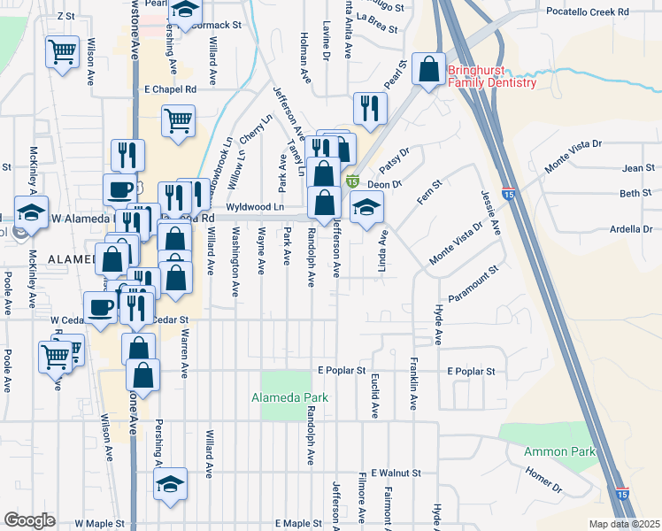 map of restaurants, bars, coffee shops, grocery stores, and more near 826 Jefferson Avenue in Pocatello