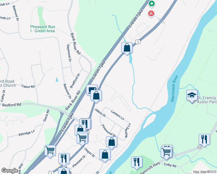 map of restaurants, bars, coffee shops, grocery stores, and more near 5 Gilbert Drive in Merrimack
