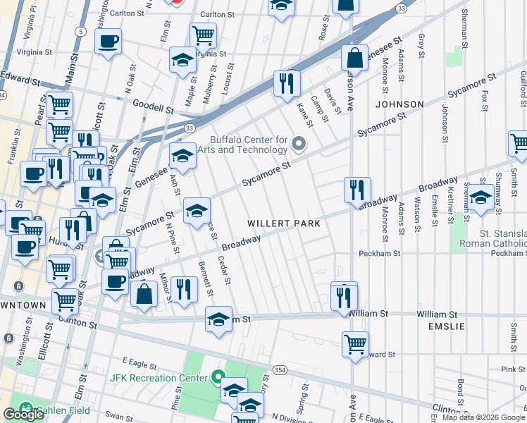 map of restaurants, bars, coffee shops, grocery stores, and more near 391 Hickory Street in Buffalo