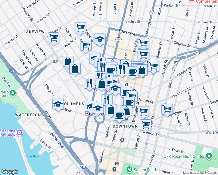 map of restaurants, bars, coffee shops, grocery stores, and more near 92 West Huron Street in Buffalo