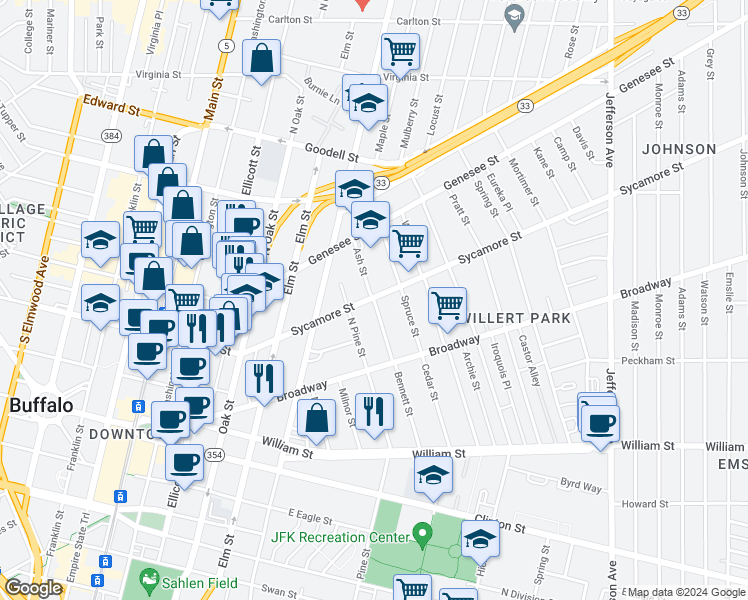 map of restaurants, bars, coffee shops, grocery stores, and more near Ash Street in Buffalo