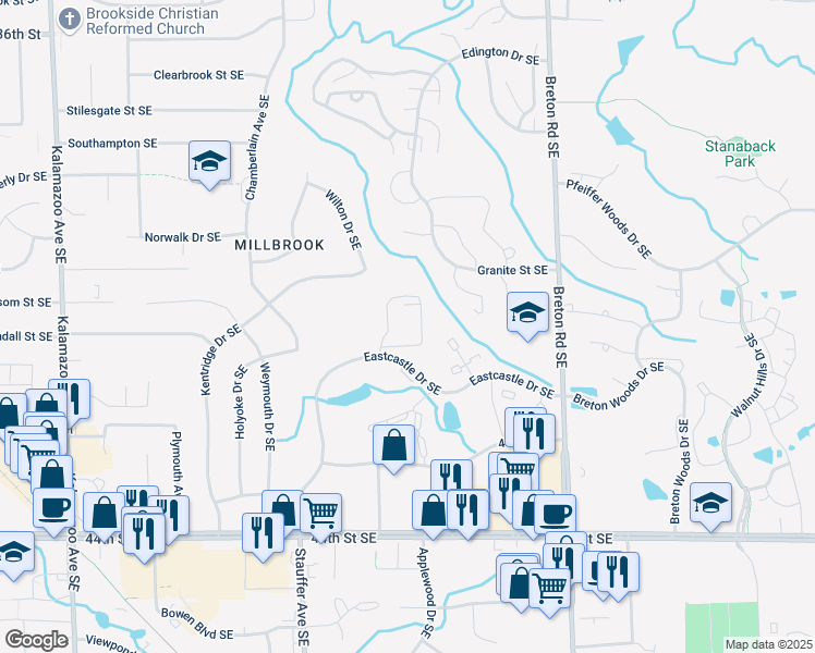 map of restaurants, bars, coffee shops, grocery stores, and more near 2144 Eastcastle Drive Southeast in Grand Rapids