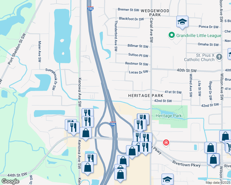 map of restaurants, bars, coffee shops, grocery stores, and more near 4608 41st Street Southwest in Grandville