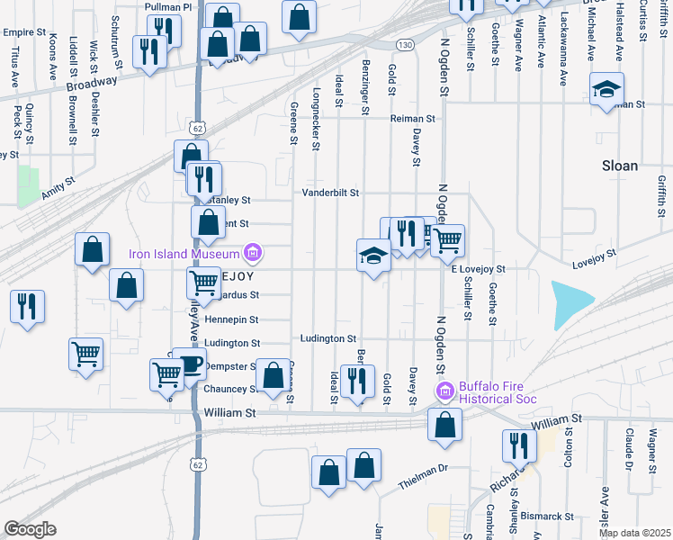 map of restaurants, bars, coffee shops, grocery stores, and more near E Lovejoy St & Ideal St in Buffalo