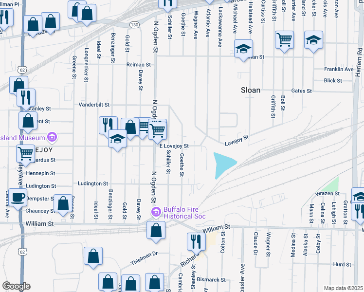 map of restaurants, bars, coffee shops, grocery stores, and more near East Lovejoy Street & Goethe Street in Buffalo
