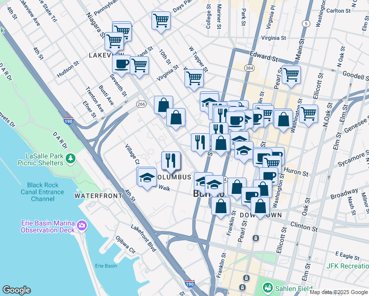 map of restaurants, bars, coffee shops, grocery stores, and more near 171 Niagara Street in Buffalo