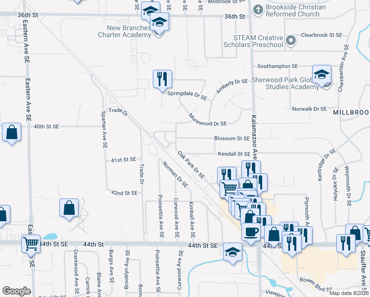 map of restaurants, bars, coffee shops, grocery stores, and more near 1333 Kendall Street Southeast in Grand Rapids